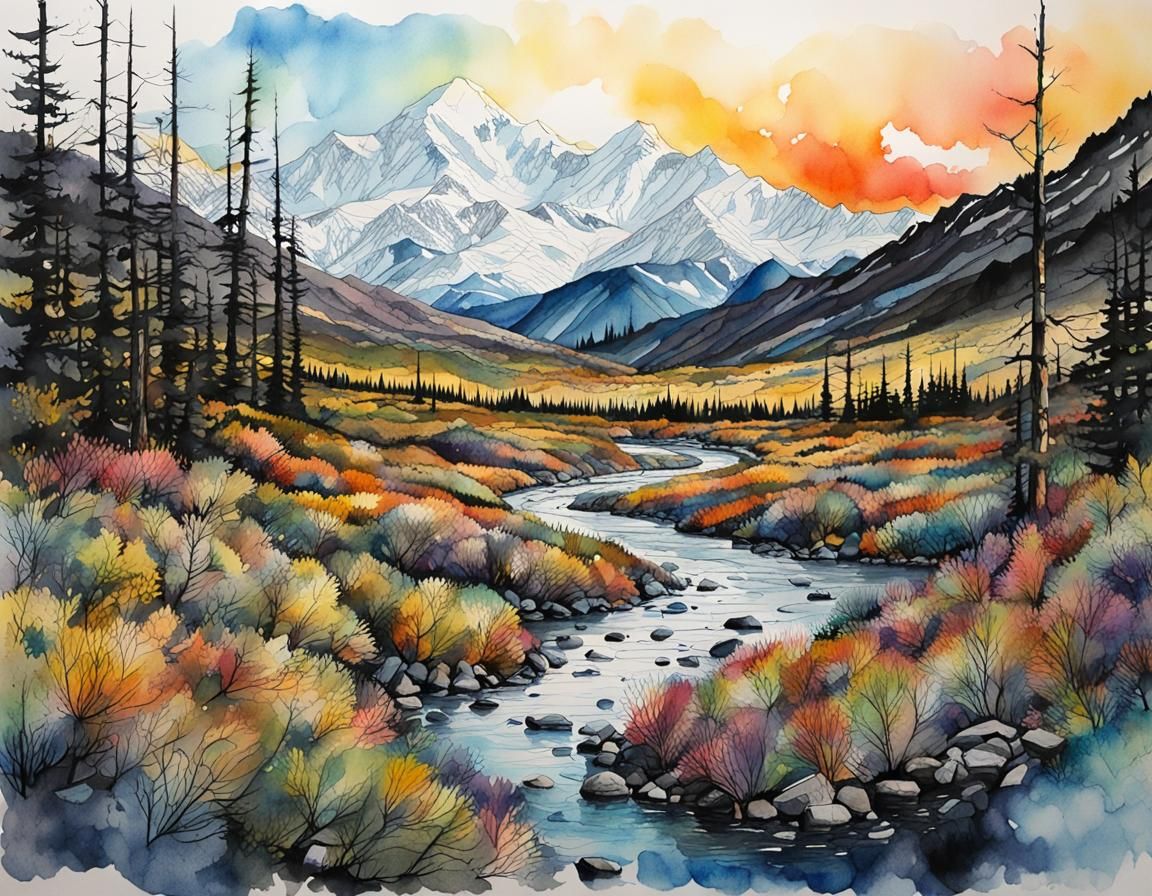 Denali Park: Brush Pen and Watercolor Masterpiece
