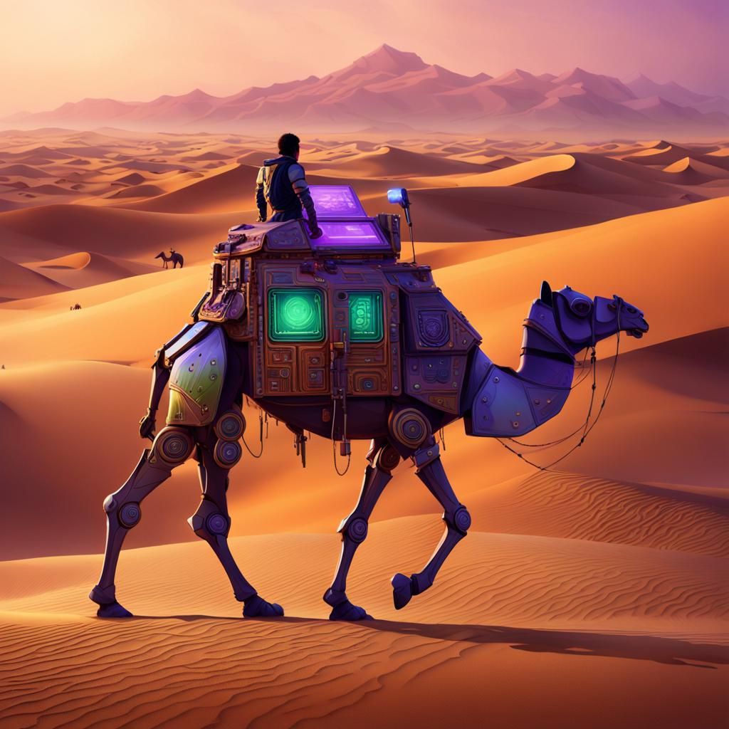 Nomad and Robotic Camel in a Desert Oasis