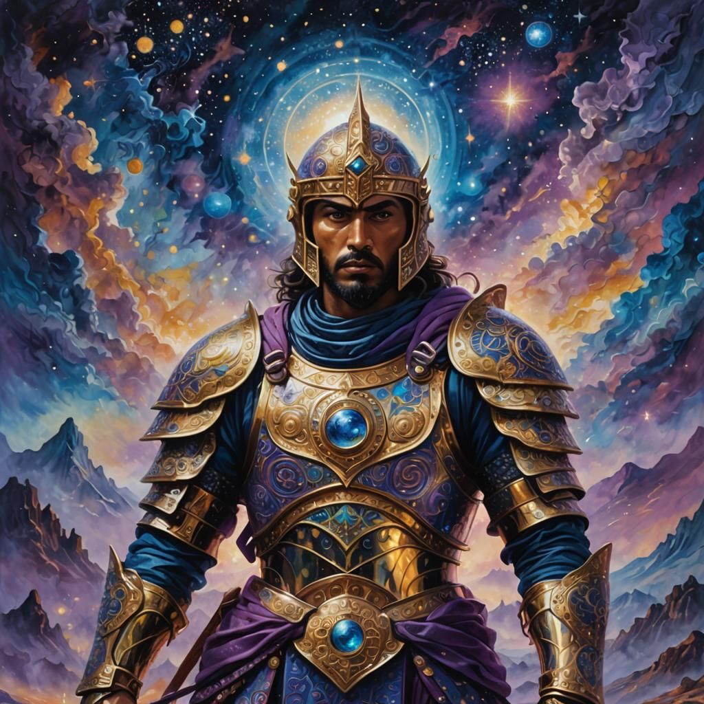 Cosmic Warrior in Islamic Armor: Surreal Digital Art