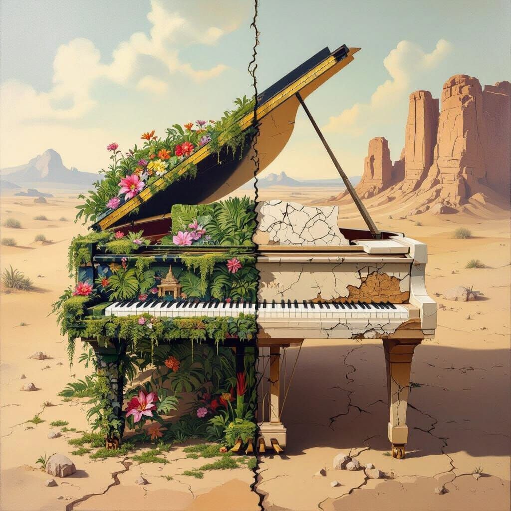 Surreal Piano: Jungle Meets Desert, Abstract Expressionism