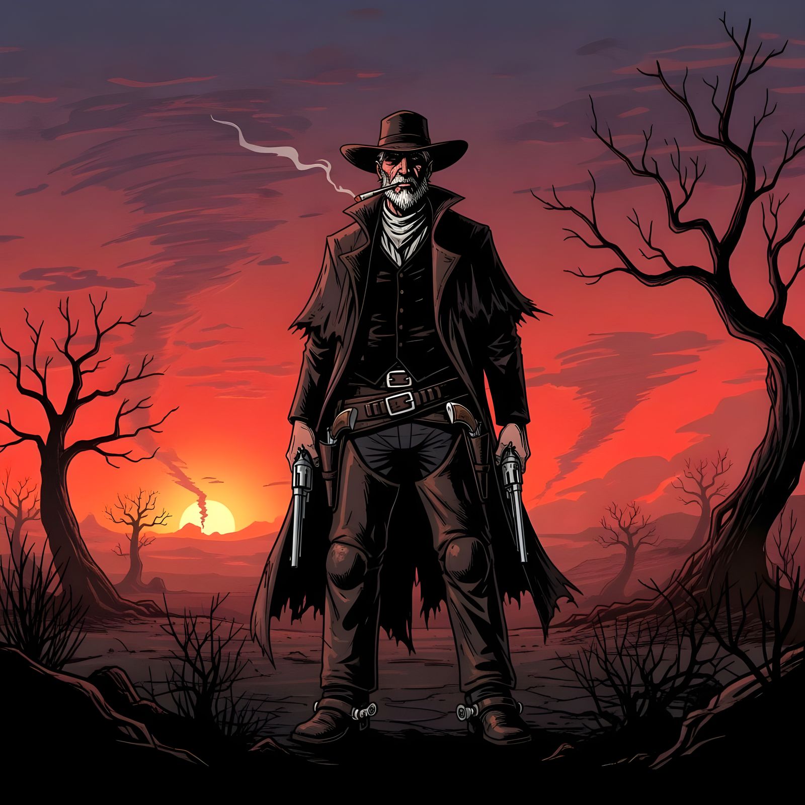 Grizzled Gunslinger in Dark Fantasy Western Comic Style