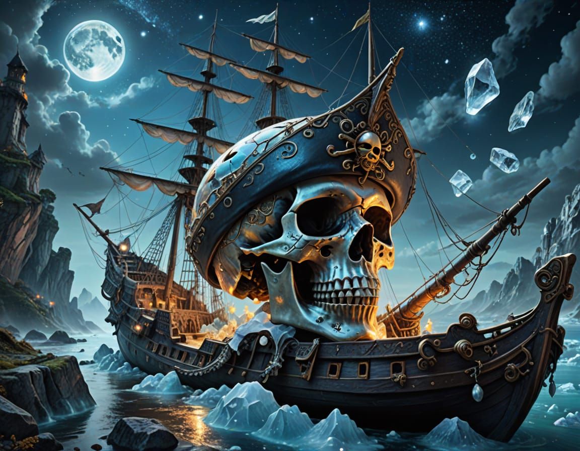 Surreal Skull with Pirate Ship in Fantasy Digital Art