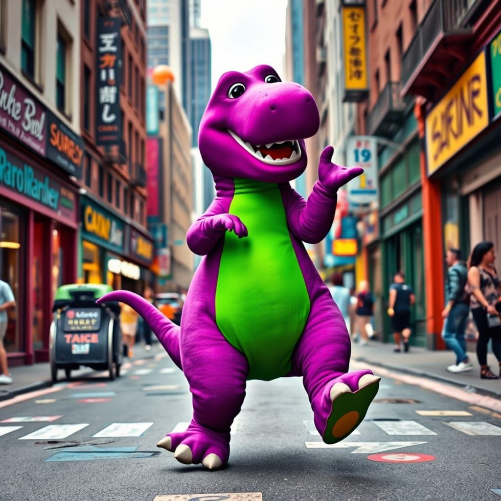 Barney Dinosaur Griddy Dance in Pop Art Style