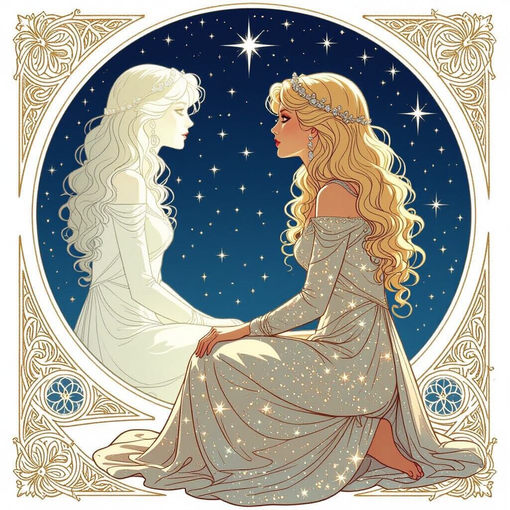 Regal Princess Gazes at Reflection in Starry Night