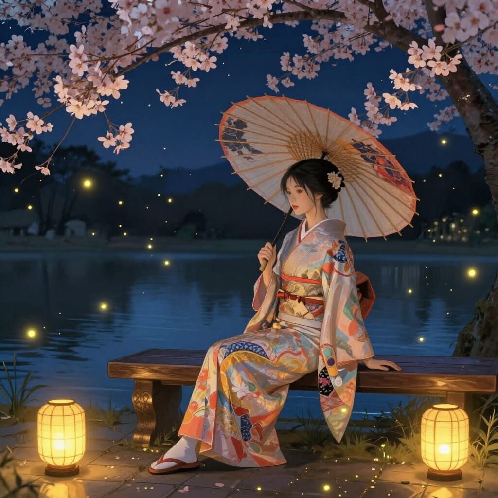 Elegant Woman in Kimono with Parasol by Reflecting Water