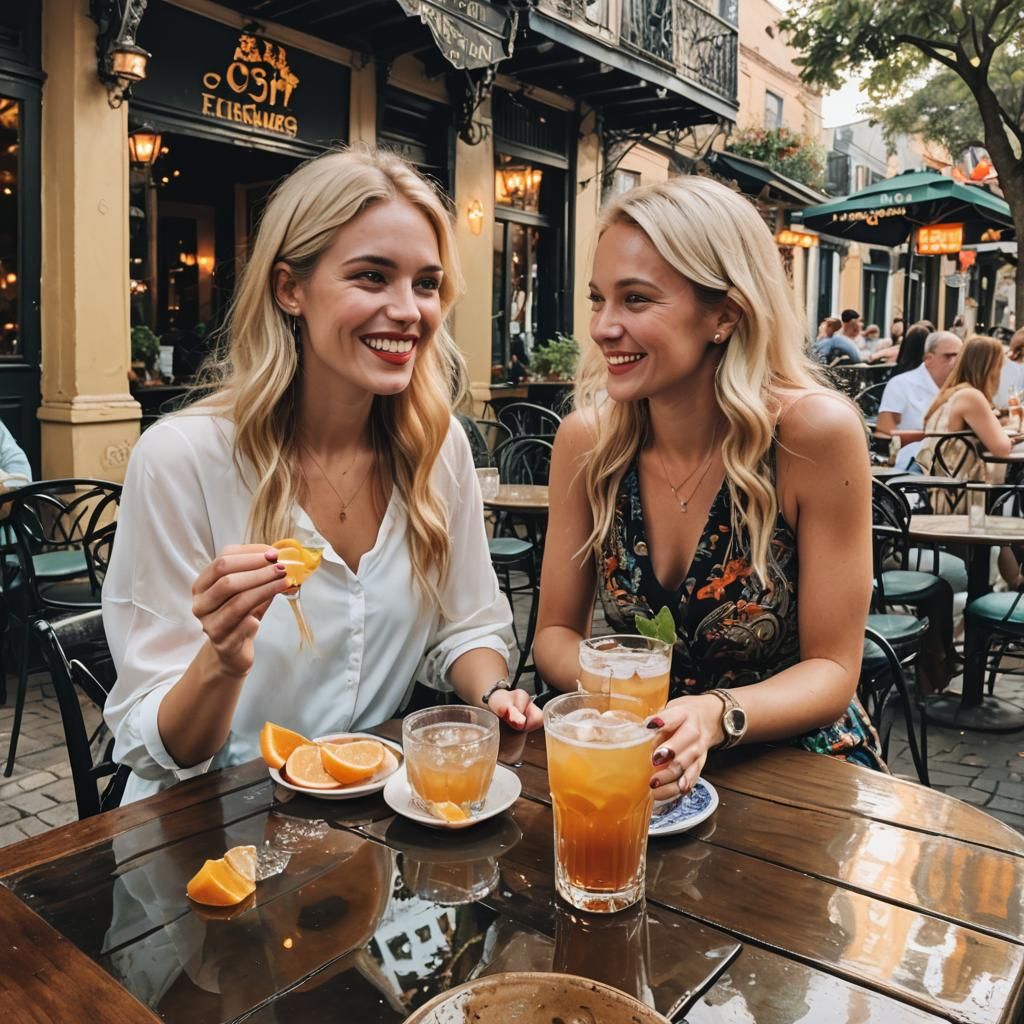 two beautiful exotic blondes happily having drinks at an outdoor cafe in the French Quarter dressed casually but stunnin...