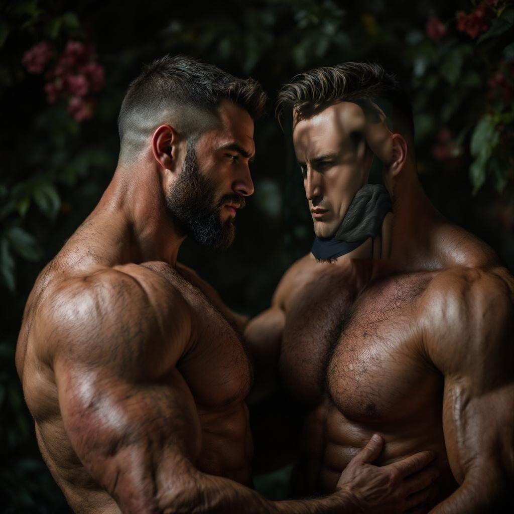 Muscular Men in Speedos: Cinematic Garden Scene