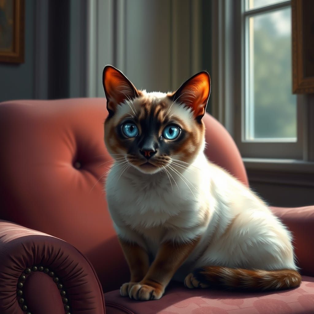 Regal Siamese Cat on Velvet Armchair, Digital Painting