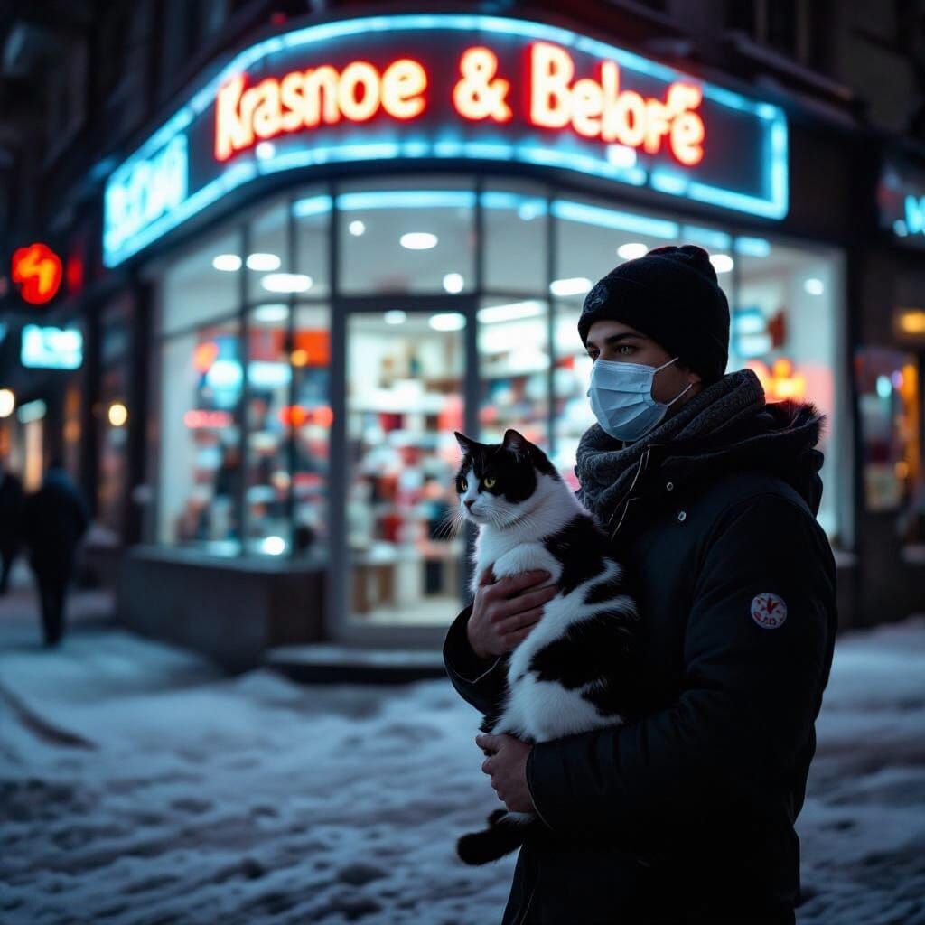 Man with Cat Enters Neon Lit Store on Winter Evening