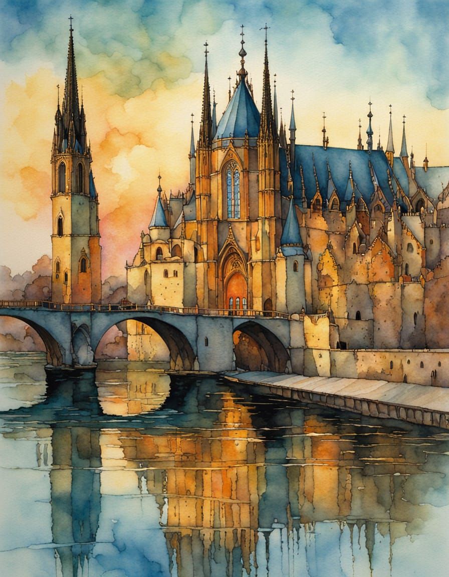 Gothic Prague at Sunset in Soft Aqua and Blue Hues