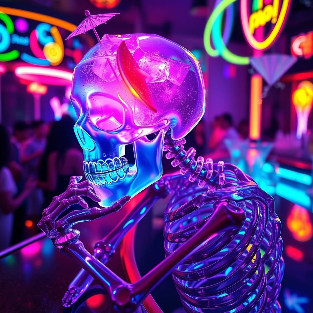 Crystal Skeleton at Neon Bar with Glowing Cocktail