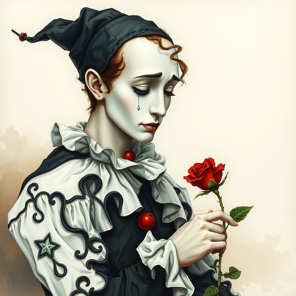 Sorrowful Pierrot with Rose: Rococo-Inspired Image