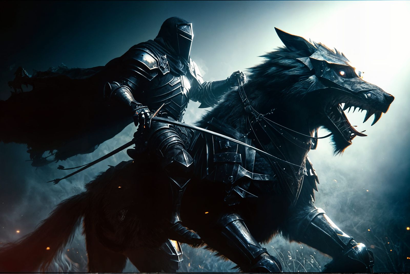 Black Knight Riding a Demon Wolf: Cinematic Scene