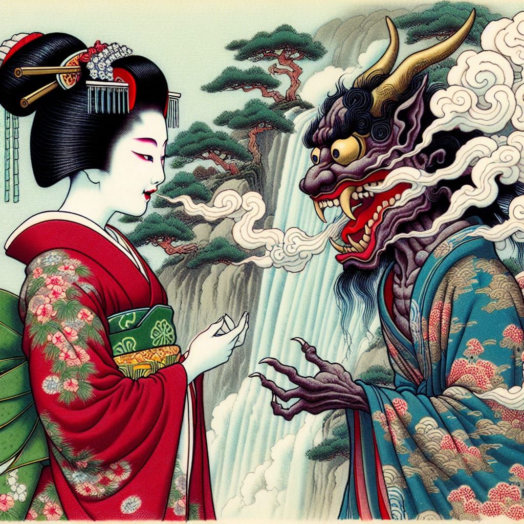 Geisha and Demon on Eightfold Path: Ukiyo-e Style
