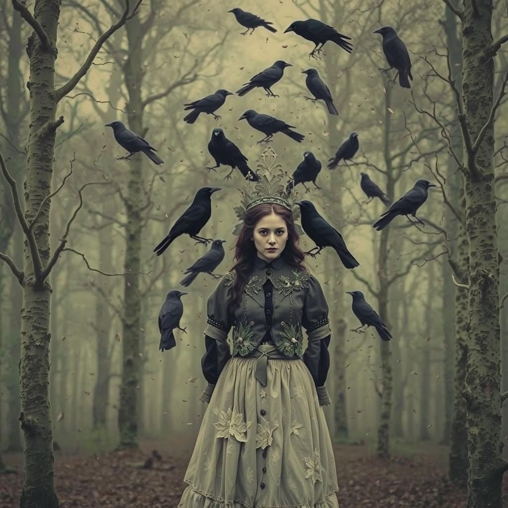 Crows in Dark Forest, Photo Collage Style