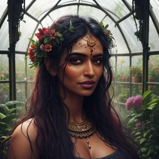Indian Girl in Magical Steampunk Garden Portrait