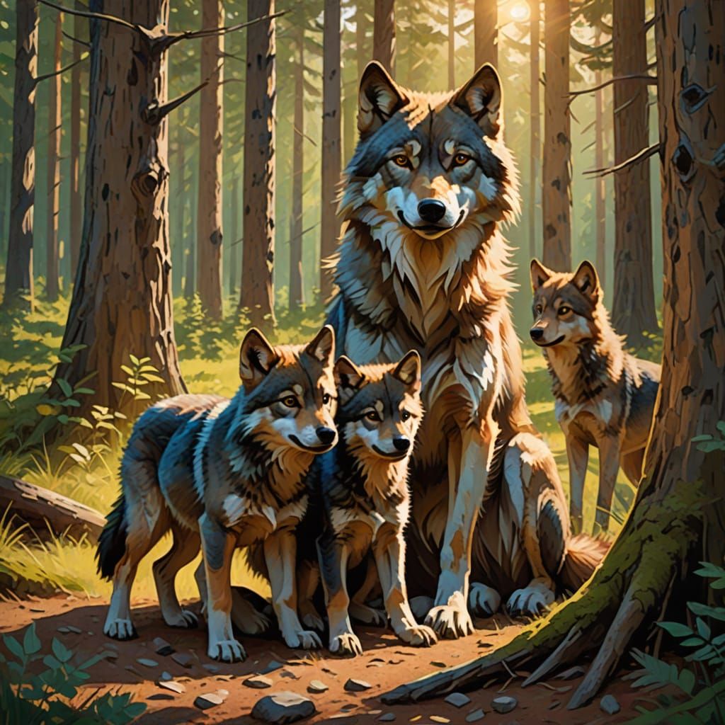 Wolf Family Playtime in Forest Clearing