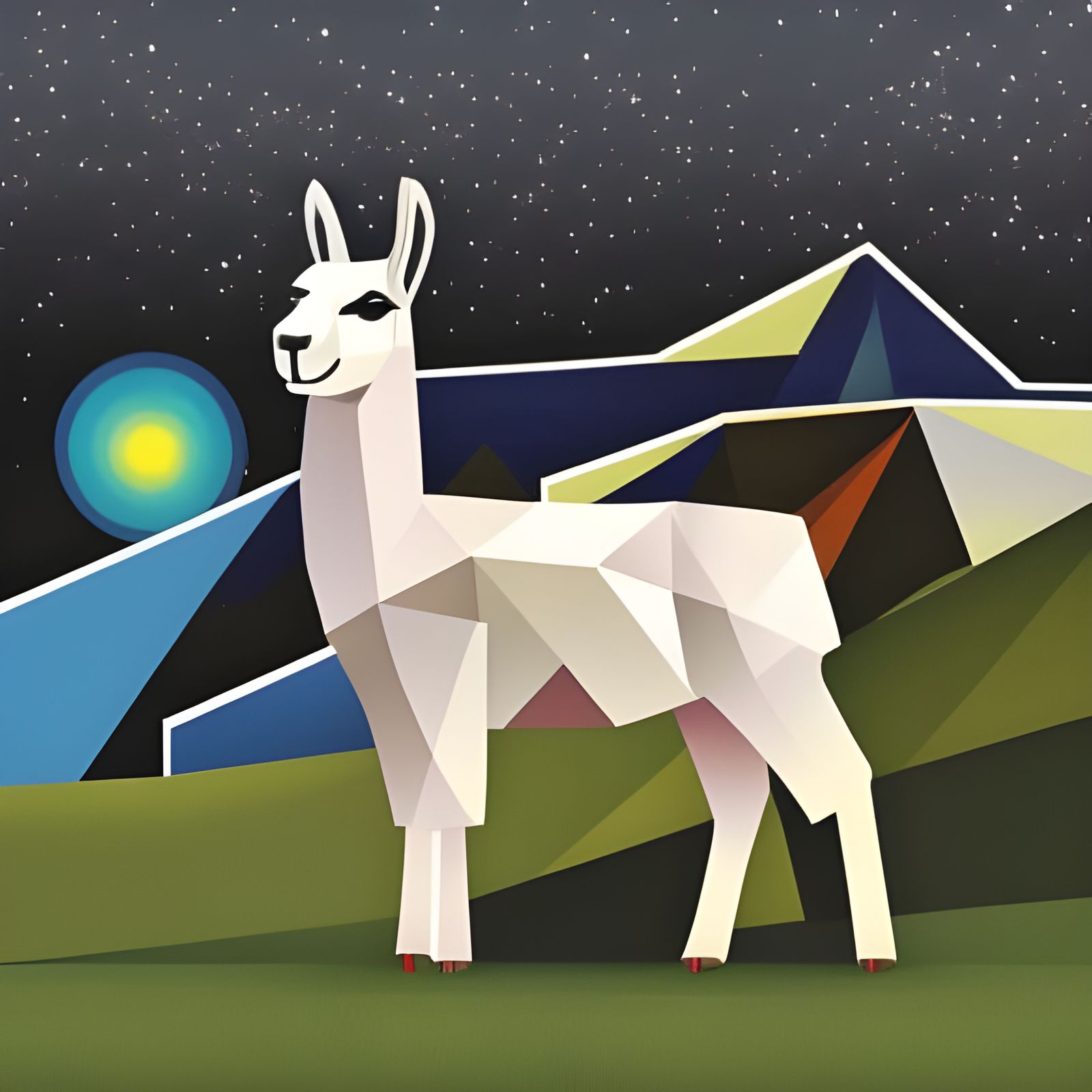 Geometric Llama on Mountain at Night