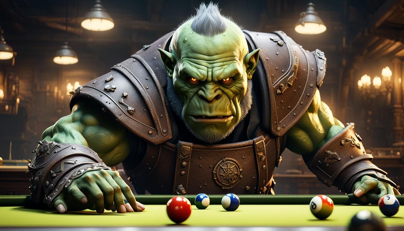 Orc Playing Billiards in 3D Game Style