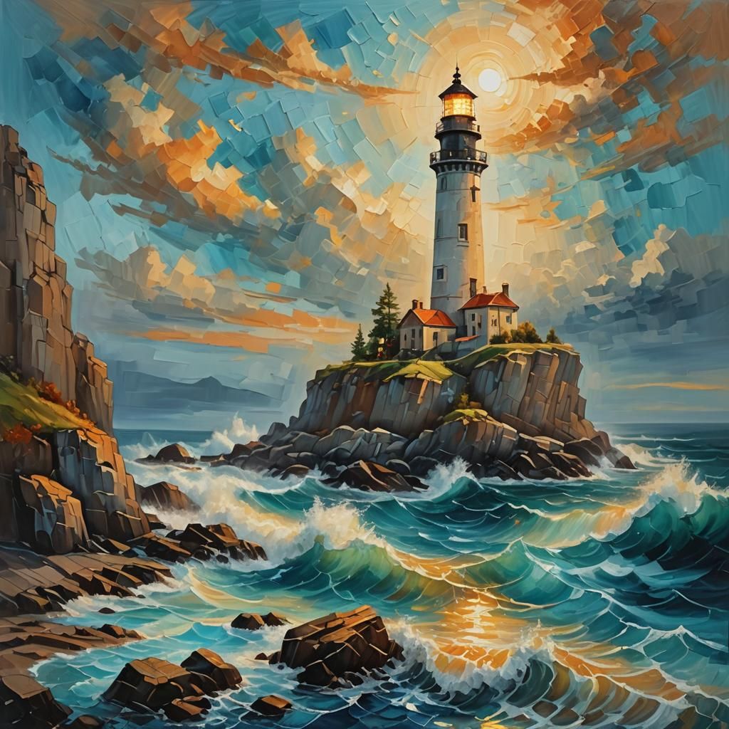 Majestic Lighthouse on Rocky Cliff, as Oil Painting