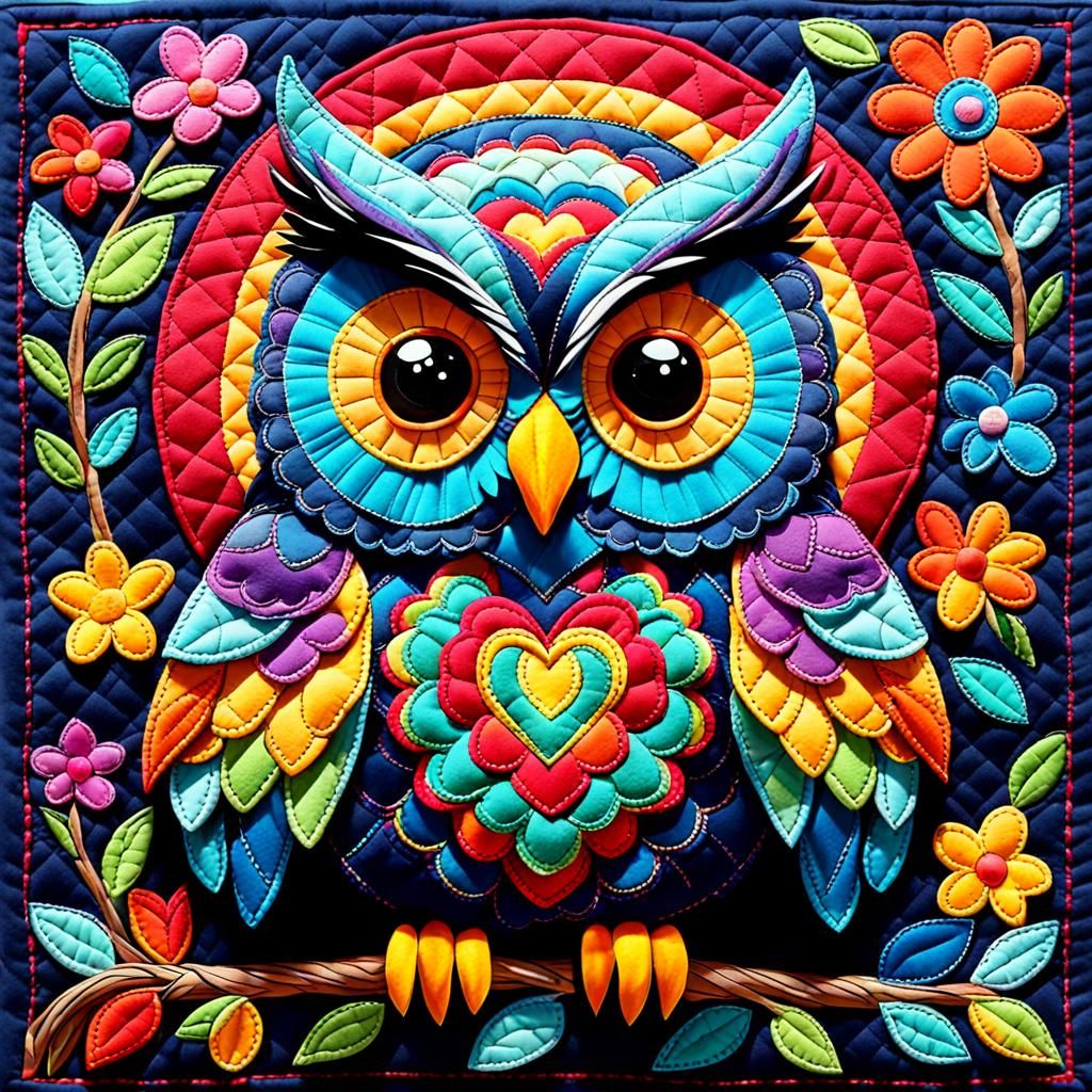 Whimsical Folk Art Quilted Owl in Vibrant Colors