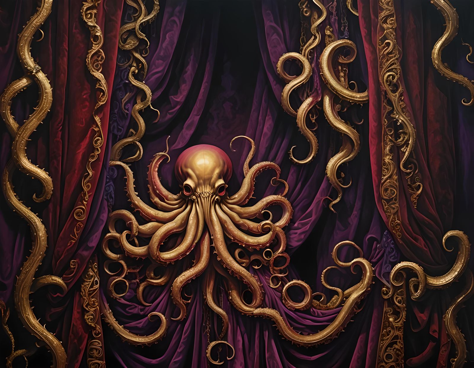 Macabre Tentacle Theater Drapes in Oil Painting