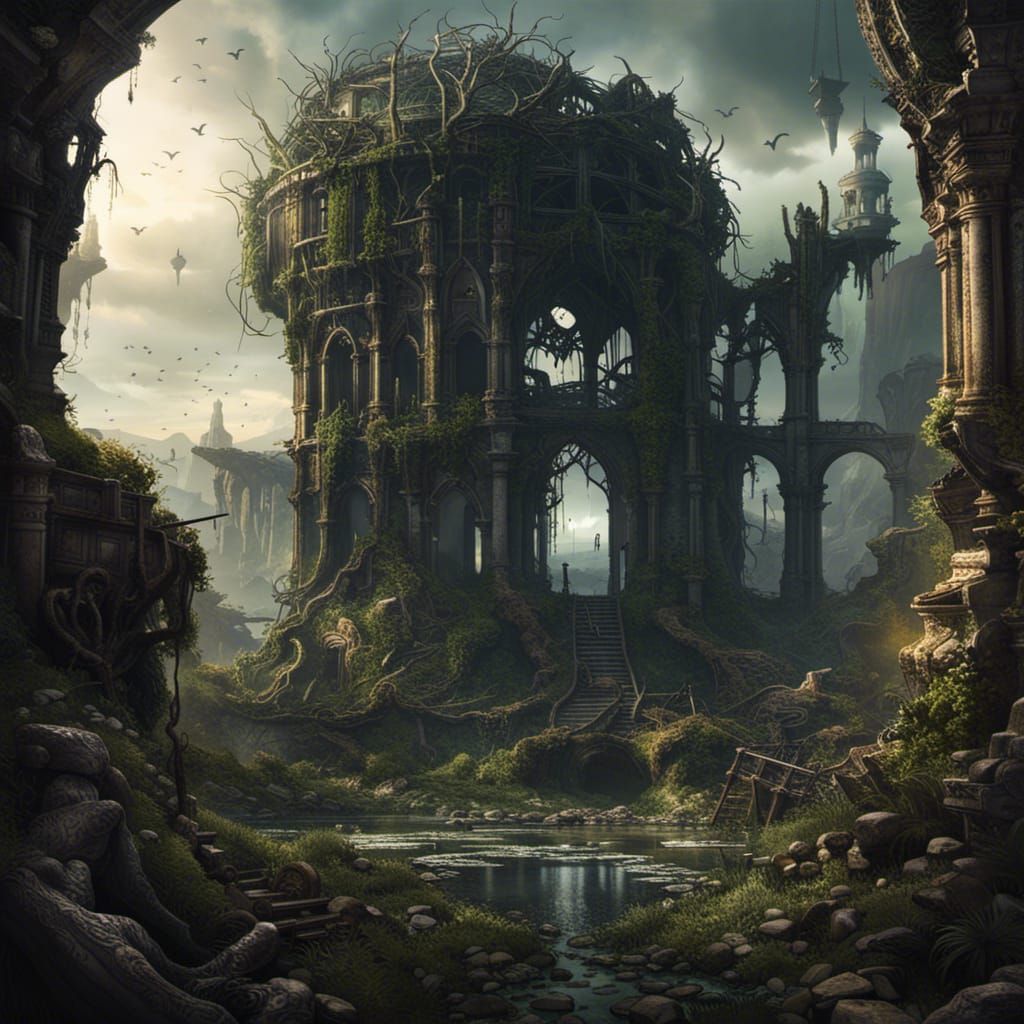 Decayed World Reclaimed by Nature Under Dead Suns