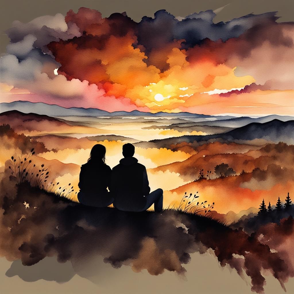Romantic Couple Enjoying Watercolor Sunset Together