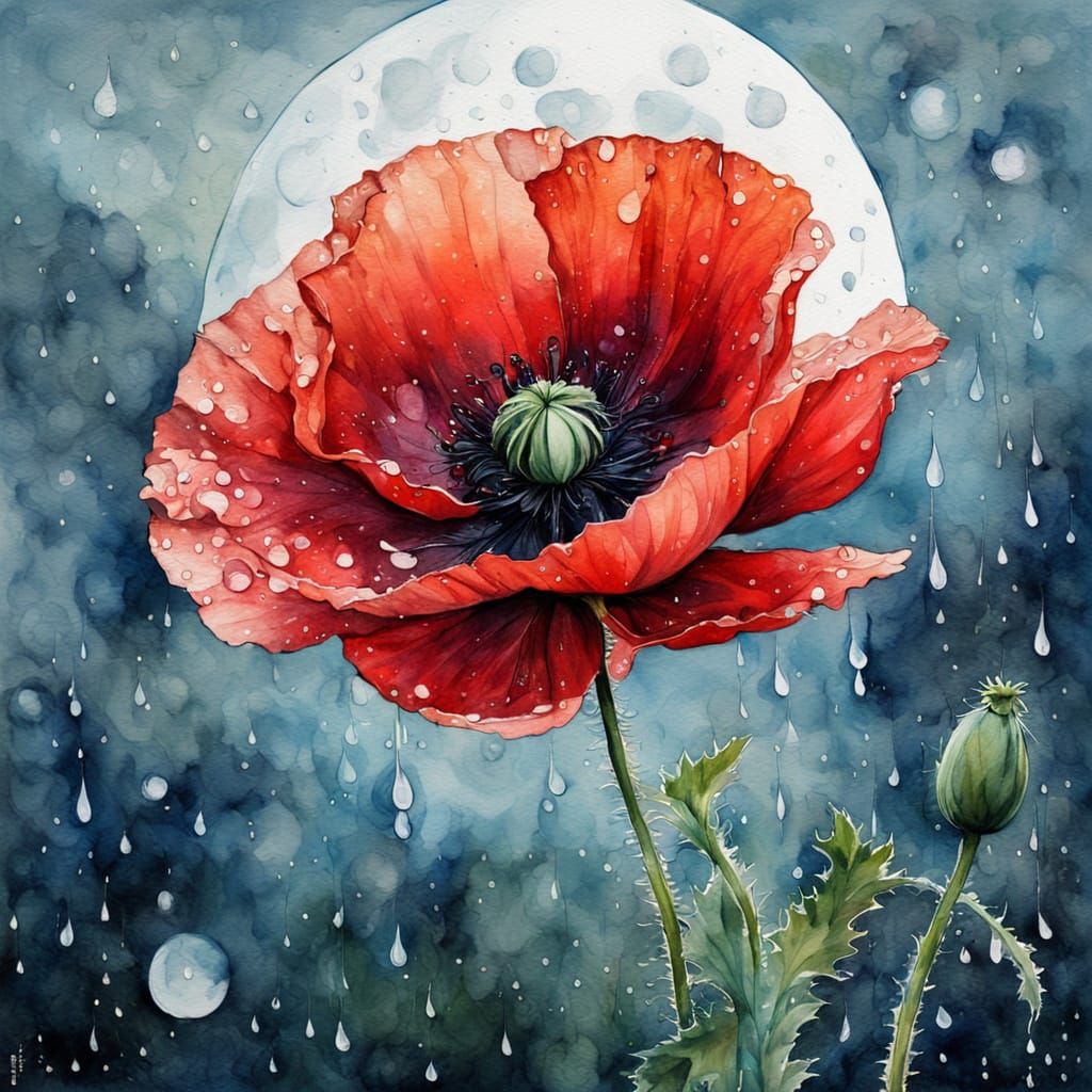 Crimson Poppy Under Full Moon Watercolor