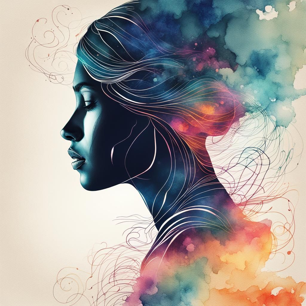 Minimalist Watercolor Line Art of Woman in Dark Fantasy