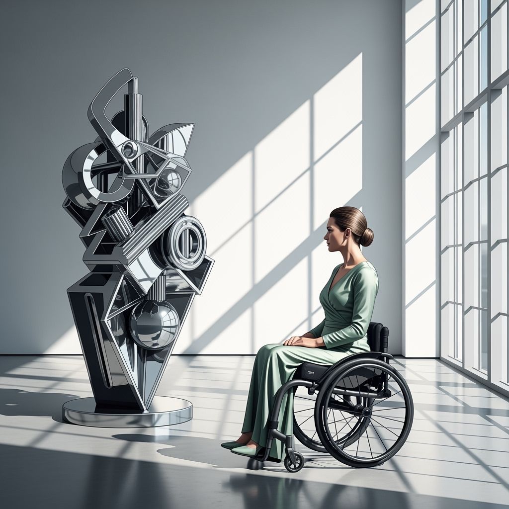 Elegant Woman Contemplates Abstract Sculpture in Modern Gall...