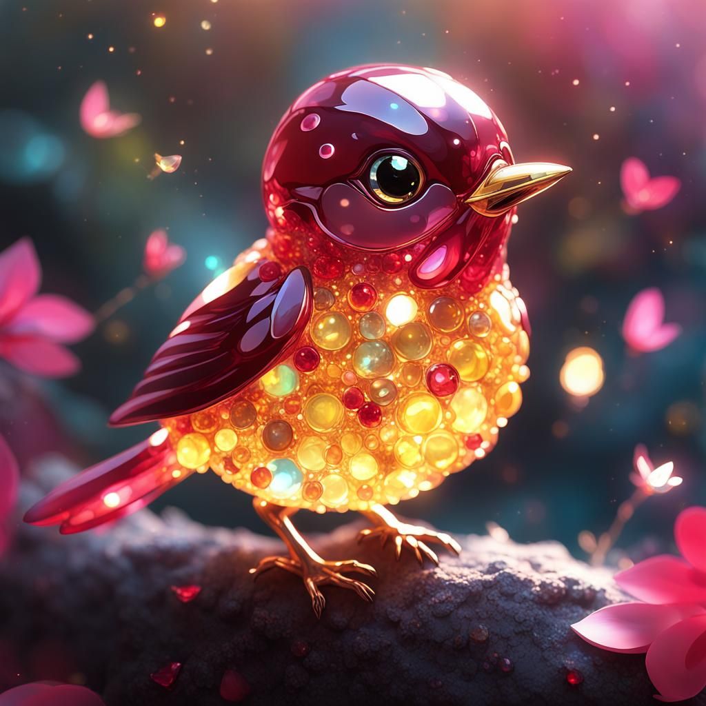 Sparkly Ruby Bird in Enchanted Garden