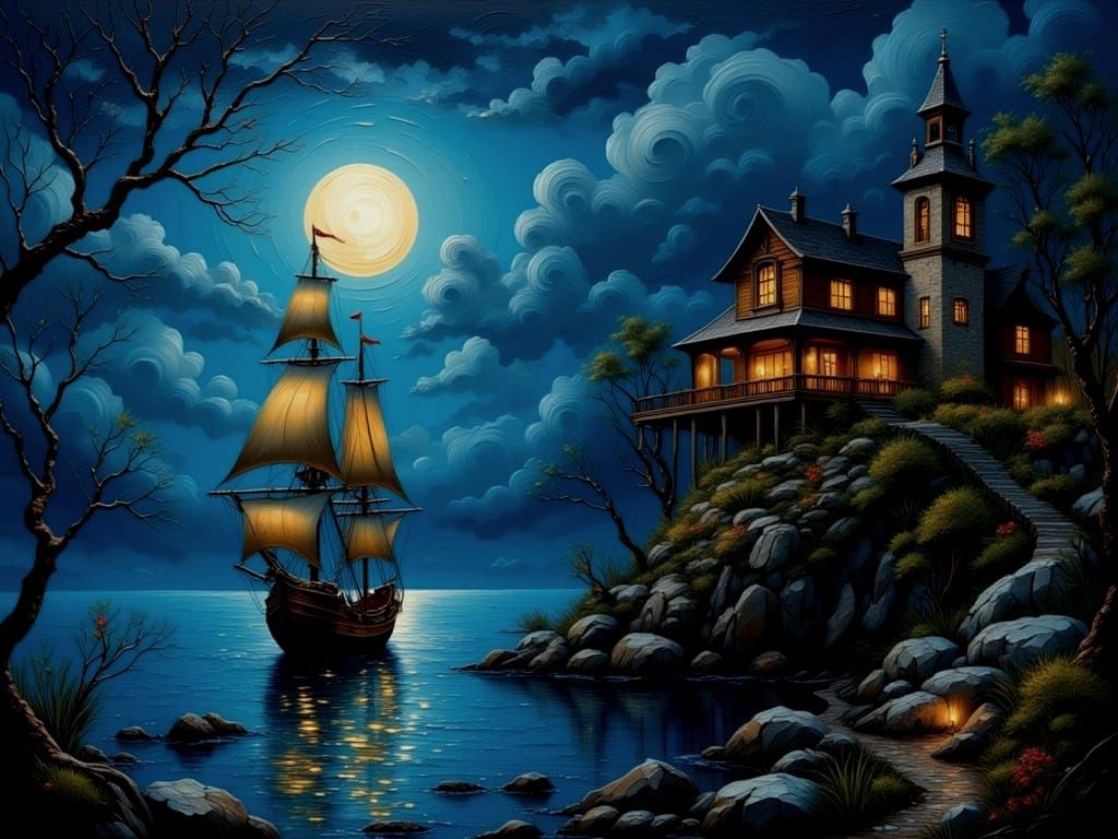 The tall ship sails past the colonial mansion