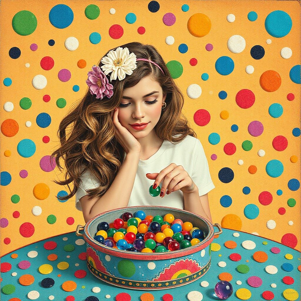 Whimsical Polka Dot Bead Game in Pop Surrealist Style