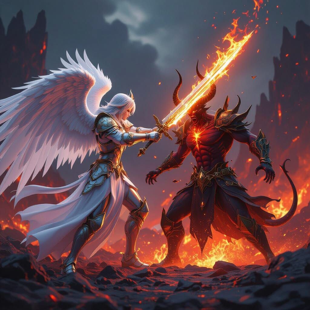 Angel Defeats Satan with Flaming Sword in 3D Anime Style