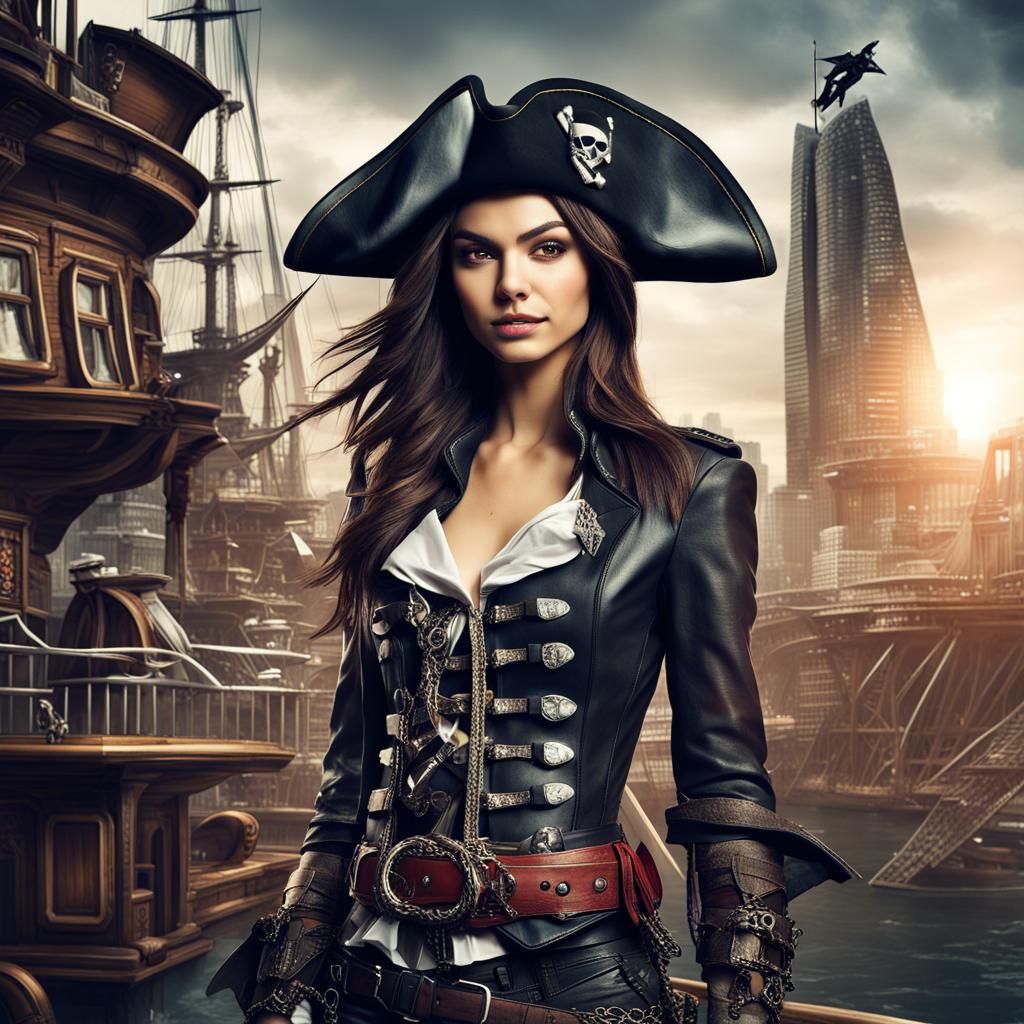 High-Fashion Pirate in Futuristic Cityscape