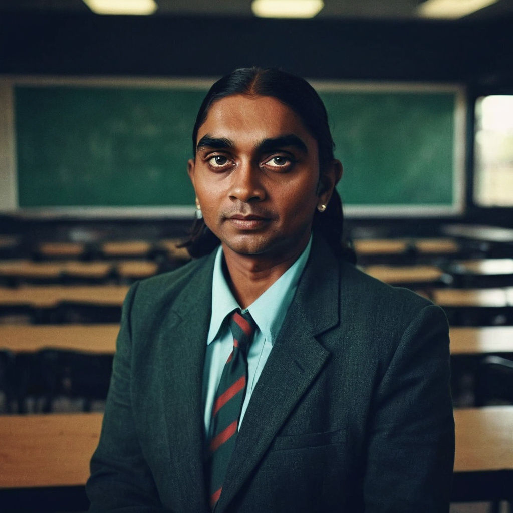 Elegant Teacher in a Cinematic Classroom Setting