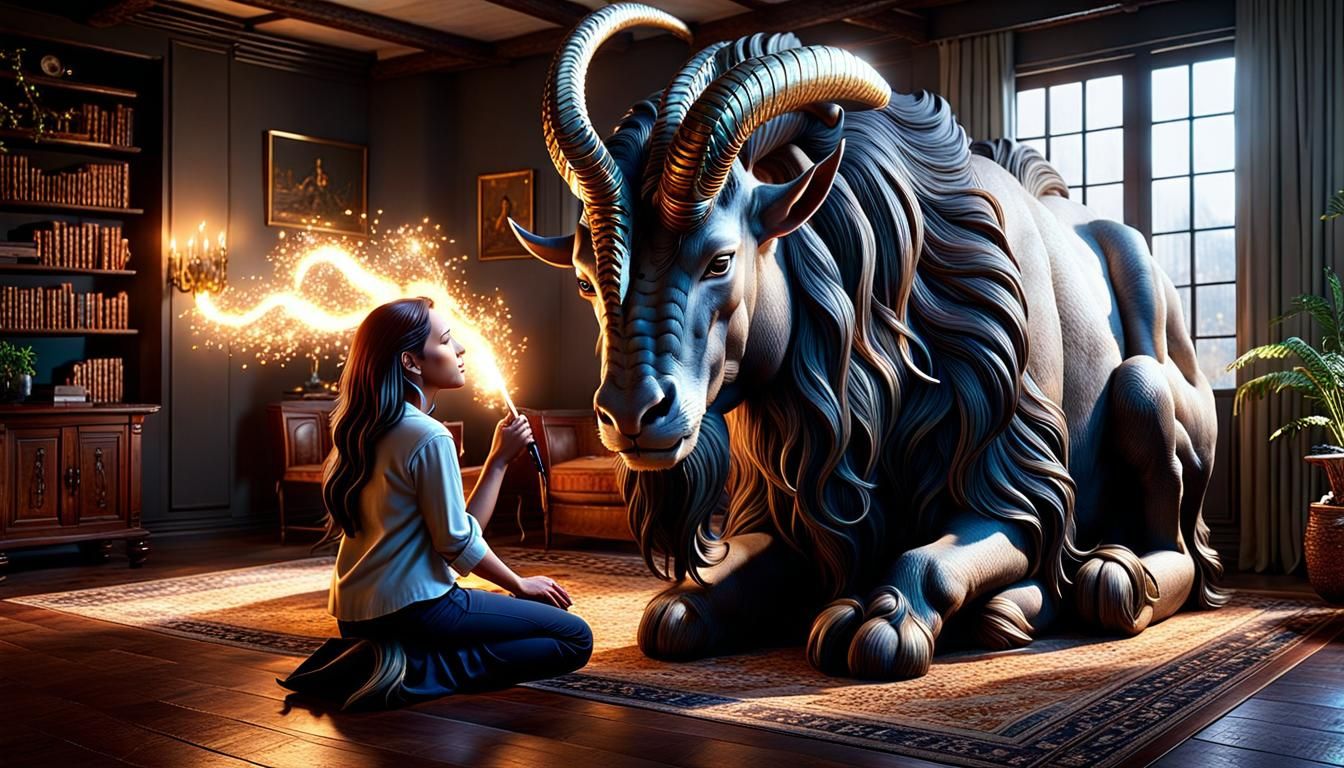 Glowing Capricorn Figure in Living Room, 3D Render