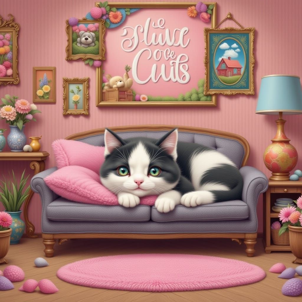 Tuxedo Cat Lounging on Pink Pillow in Country Home