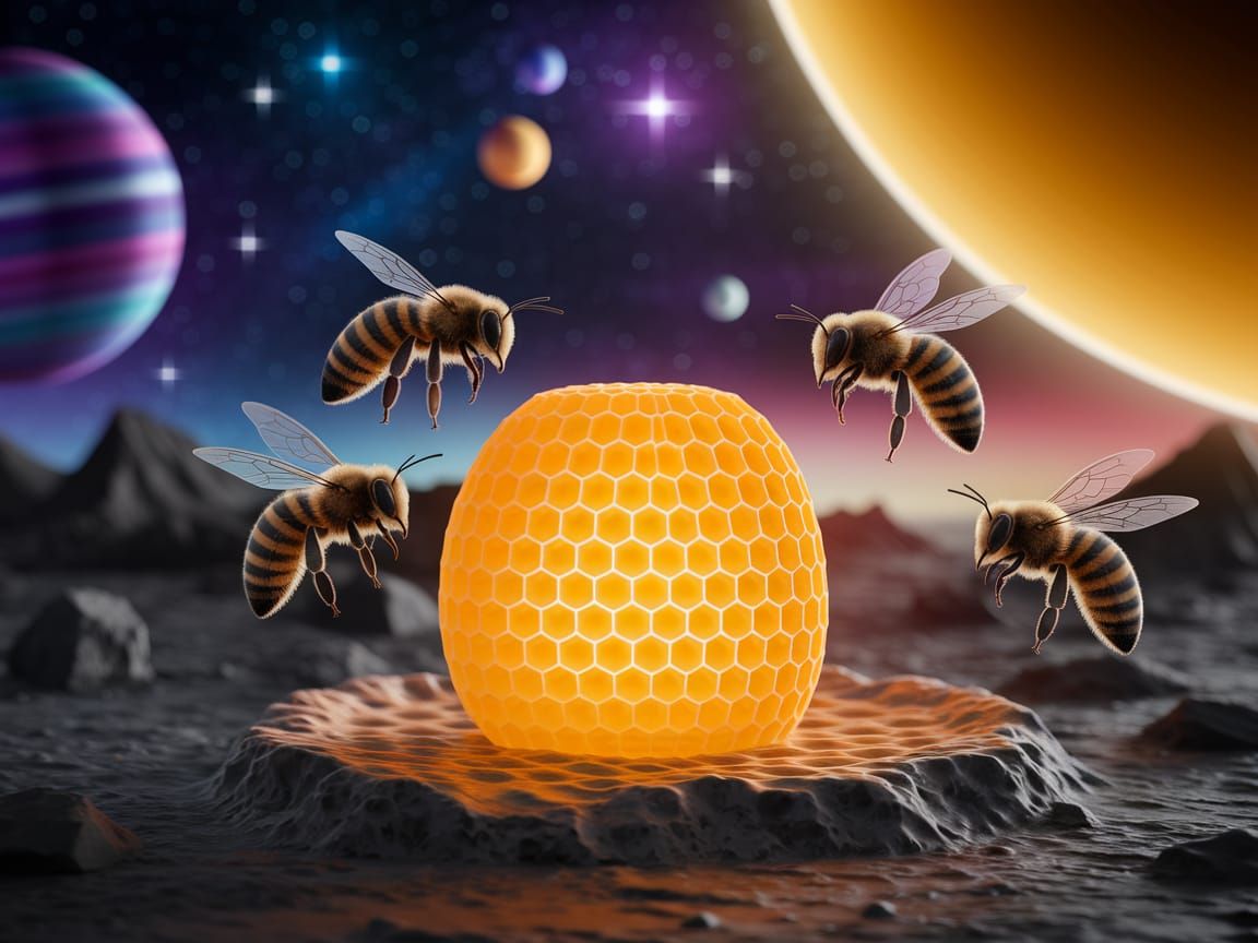 Bees in Whimsical Fantasy Surround Luminous Honeycomb in Cos...
