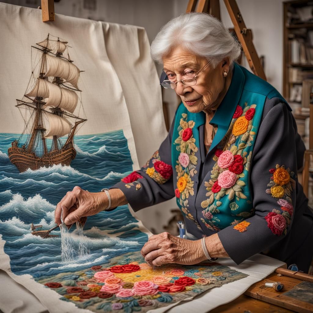 the grandma and 
embroidery