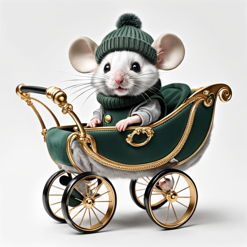 Mouse in Golden Baby Carriage with Fashionable Vest