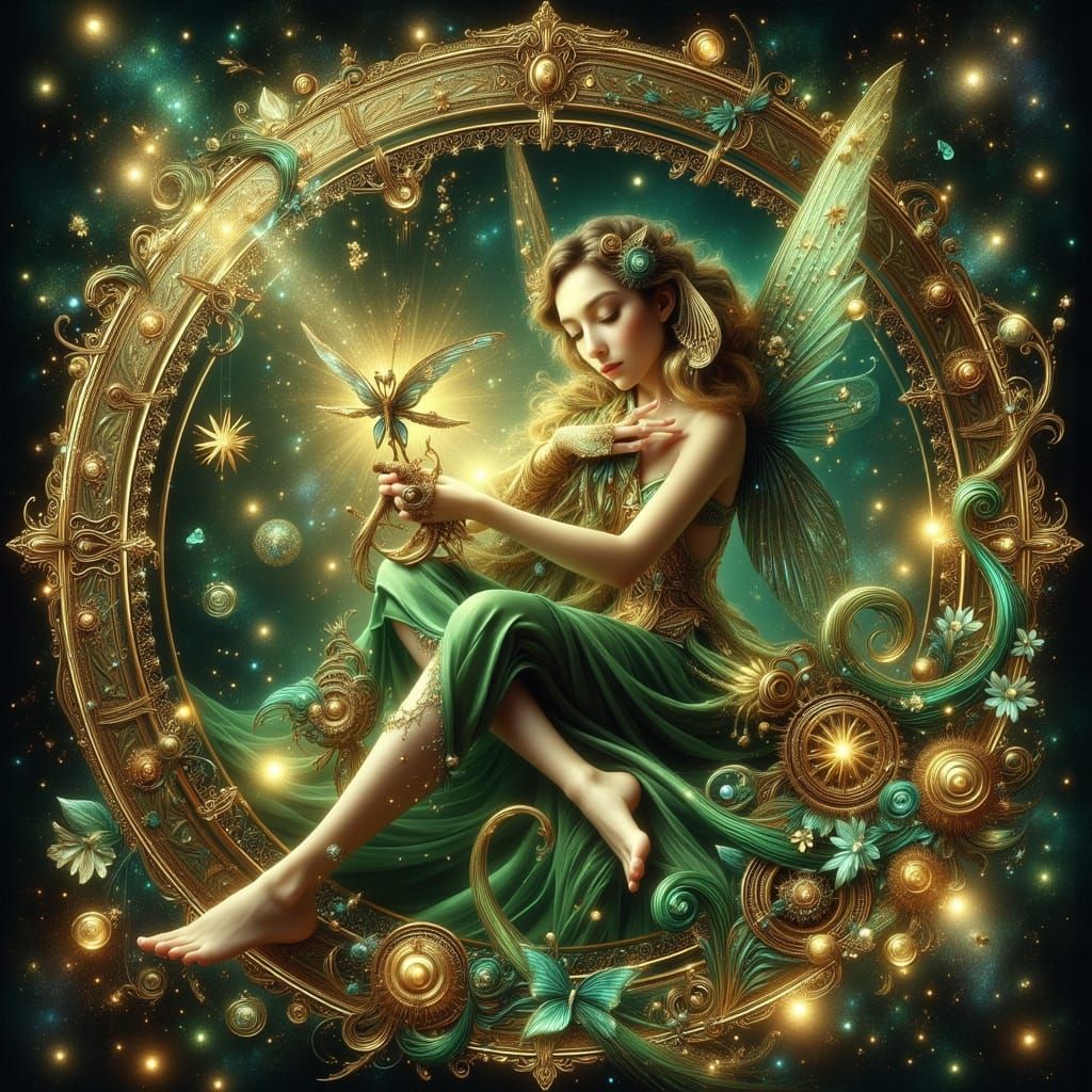 Clockwork Fairy in a Neon Art Nouveau Scene