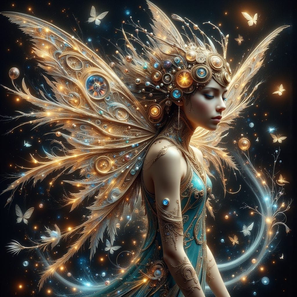 Clockwork Fairy with Art Nouveau Mechanical Wings