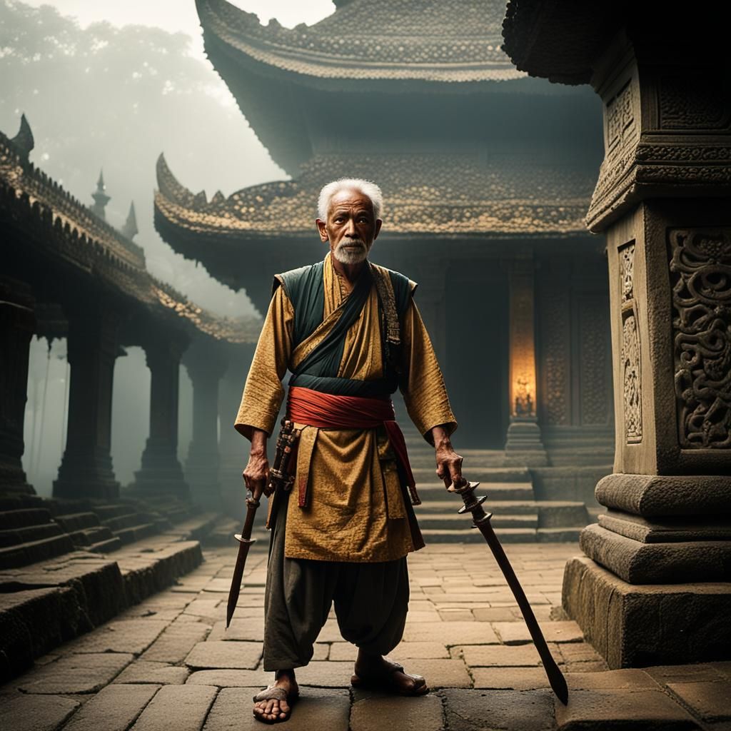 Gerald Gardner with Malay Weapons in Javanese Temple