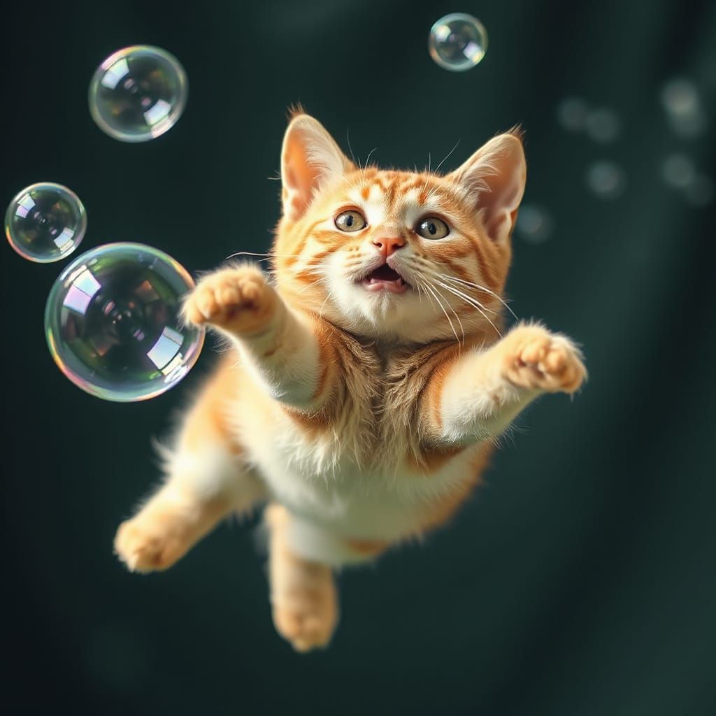 Cat Floating in Bubbles