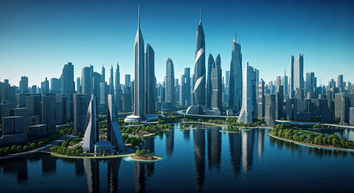 Futuristic Cityscape on Blue Lake in Sci-Fi Style
