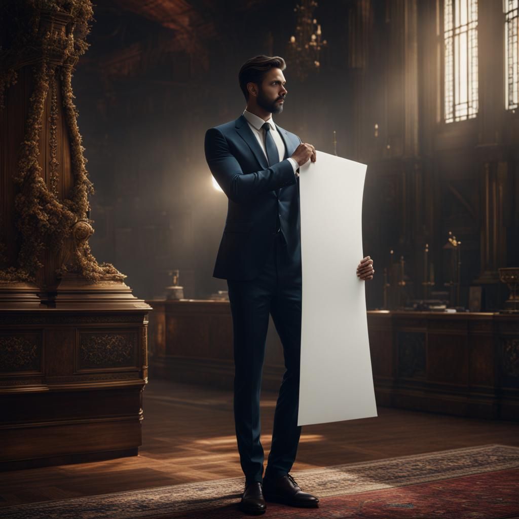 Man in Suit Holding Blank Sheet: Detailed Matte Painting
