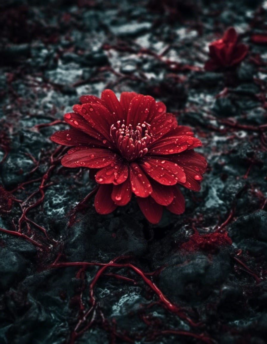 Dark Flower with Blood, Hyperrealistic Photography