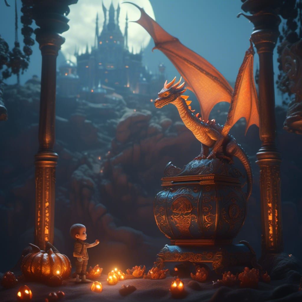 Cute Dragon Baby with Ornate Chest